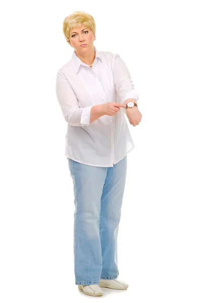 Mulher sênior com relógios — Fotografia de Stock