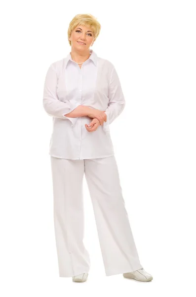 Szczęśliwy, starszy kobieta na białym tle — Zdjęcie stockowe