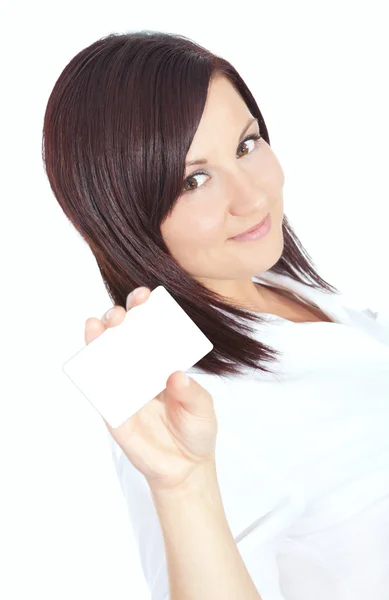 Woman holding visit card isolated over white — Stock Photo, Image