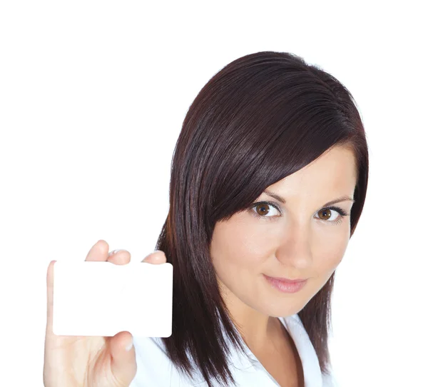 Woman holding visit card isolated over white — Stock Photo, Image