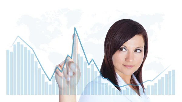 Woman touching business chart over white — Stock Photo, Image