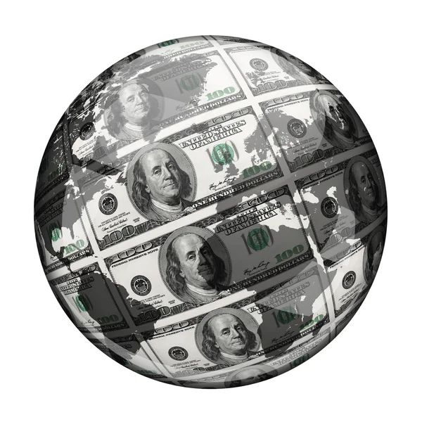 Kula z kilkuset dolarów banknotów na biały — Zdjęcie stockowe