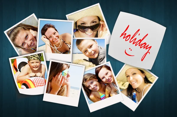 Tabel met vakantiefoto's van gelukkige joying — Stockfoto