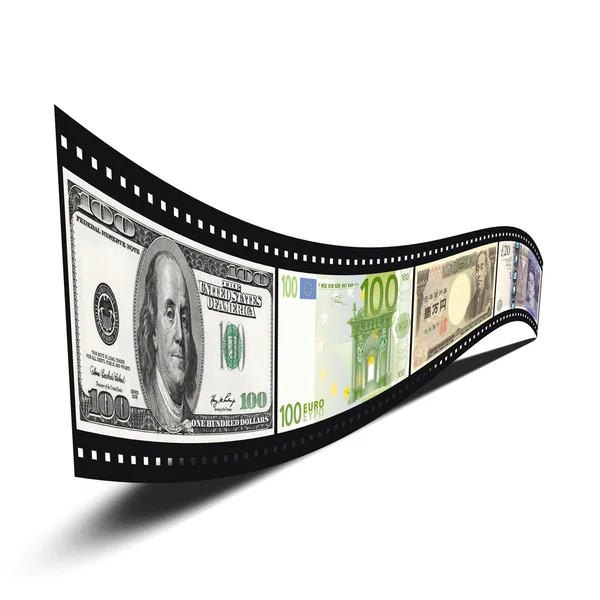 Película tira con dólares, euro, yen, libra de billetes imágenes isol —  Fotos de Stock