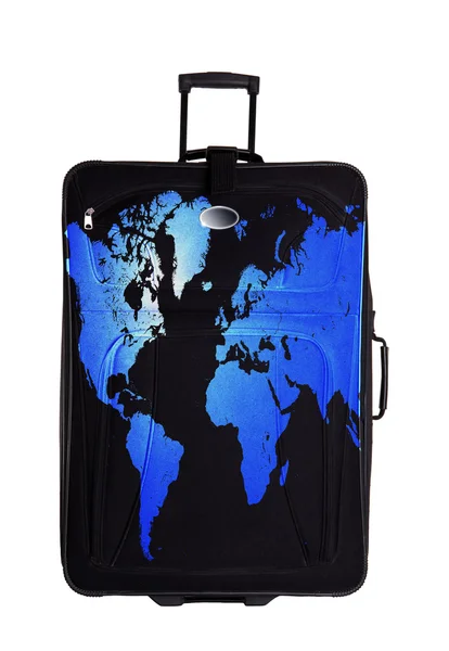Темный чемодан с континентом рисунок изолирован над белым — стоковое фото