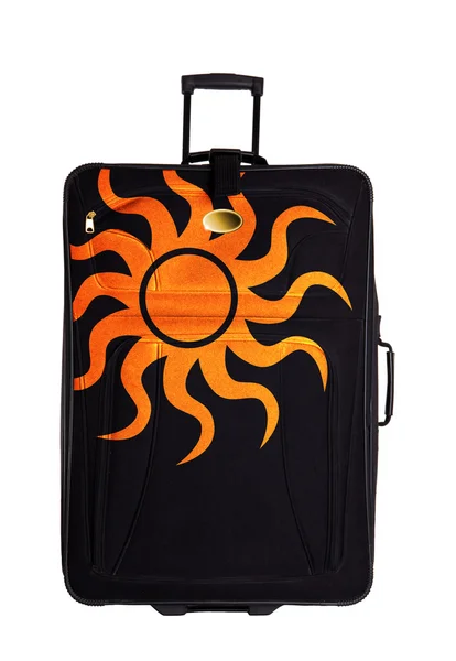 Ciemny walizkę z rysunek słońce na białym tle nad białym — Zdjęcie stockowe