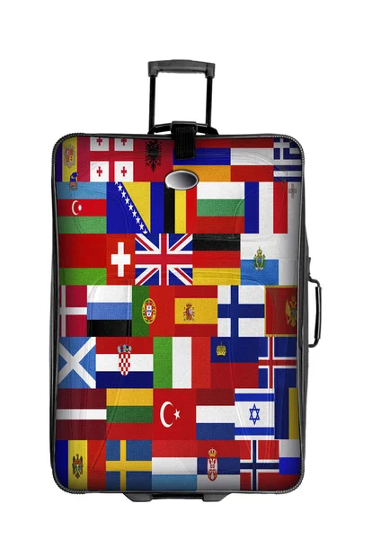 Ciemny walizkę z europejskich flag na białym tle nad białym — Zdjęcie stockowe