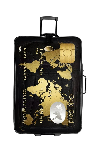 Темна валіза із золотою карткою ізольована над білим — стокове фото