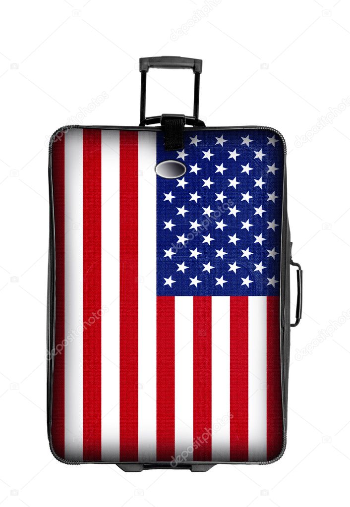 Dark suitcase with united states flag isolated over white