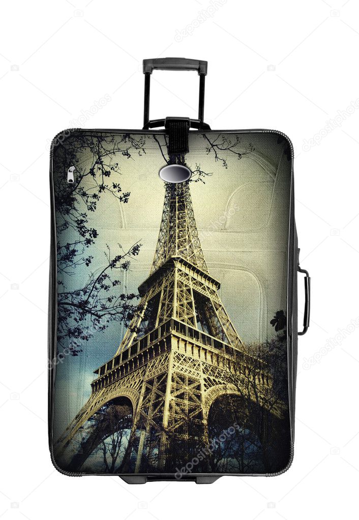 Dark suitcase with eiffel tower photo isolated over white