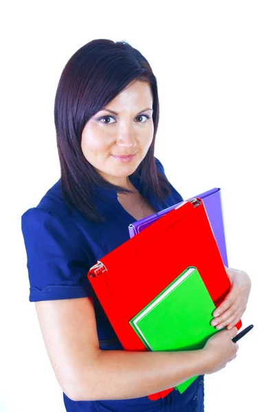 Woman holding documents isolated over white background — Stock Photo, Image