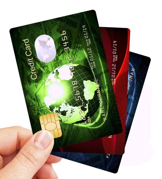 Abanico de tarjetas de crédito sostenido a mano sobre blanco — Foto de Stock