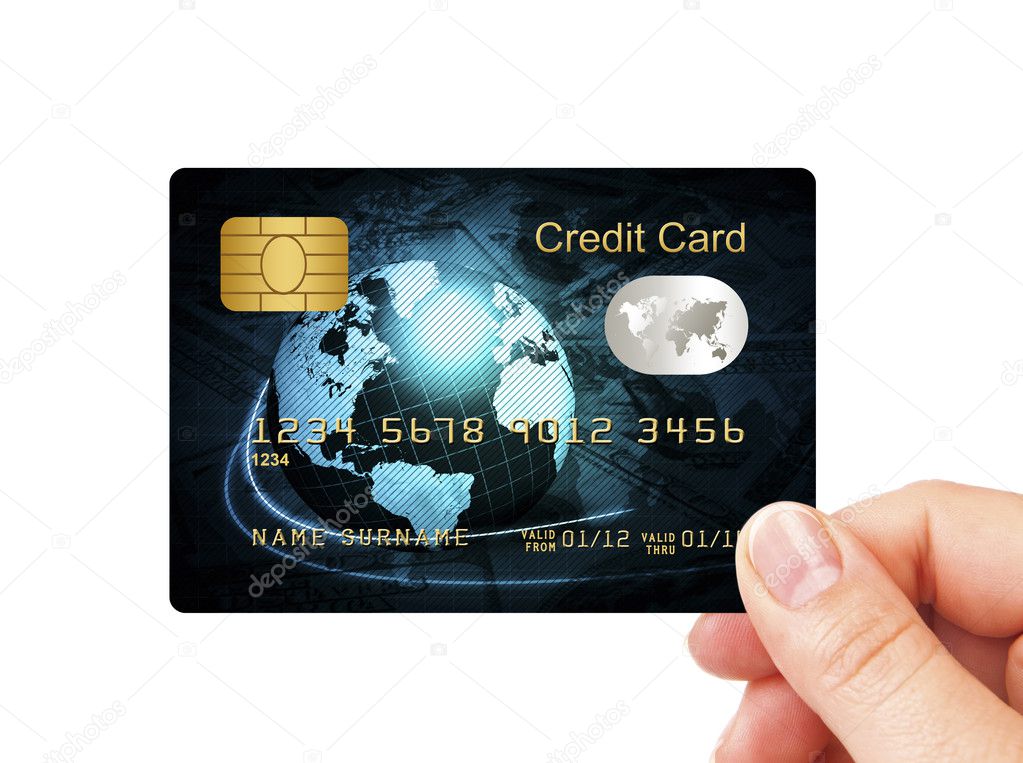 Blue credit card holded by hand over white