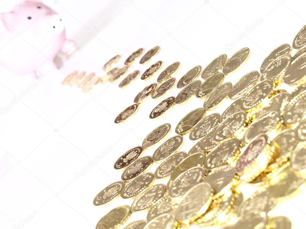 Many of gold coins making curved path