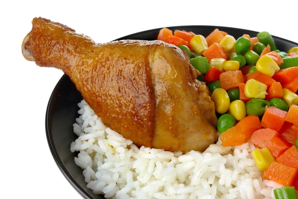 Fried chicken leg with rice and vegetables — Stock Photo, Image