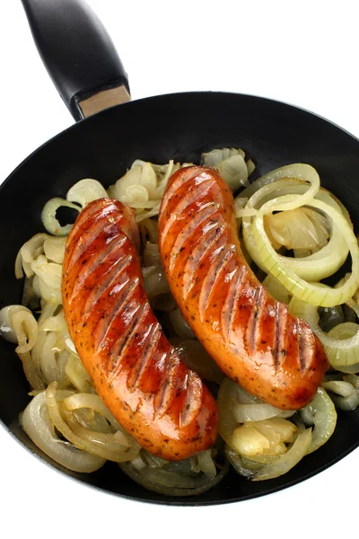 Frying pan with sausage and onion — Stock Photo, Image