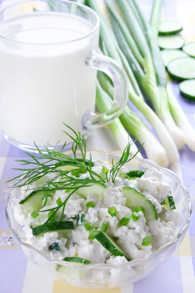 Cottage cheese with cucumber,chives and dill — Stock Photo, Image