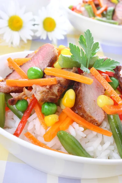 Ryż z wieprzowego mięsa i warzyw — Zdjęcie stockowe