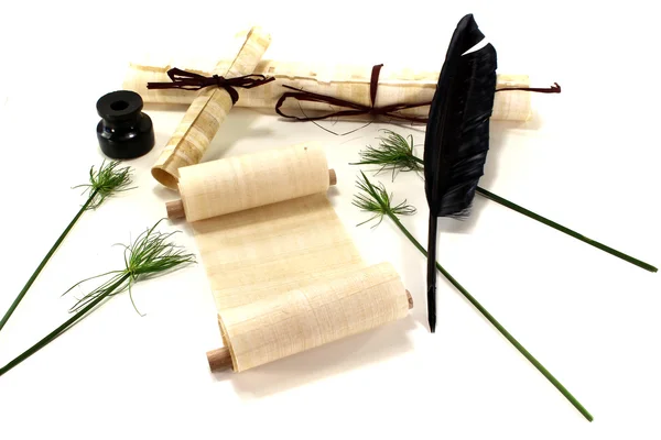 Papyrus rohlíky s perem — Stock fotografie
