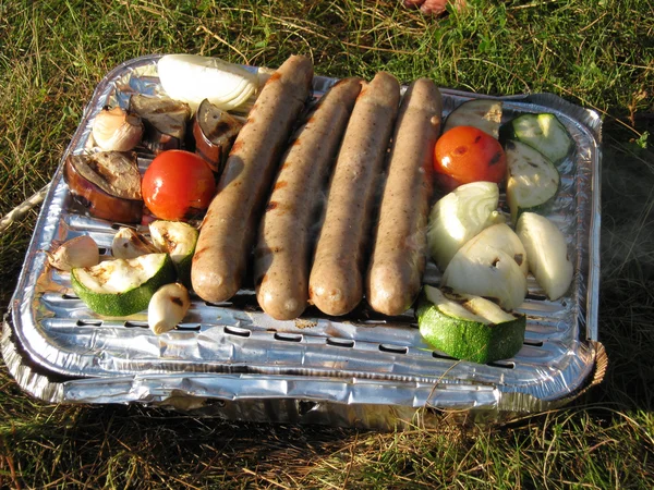 Одноразовый гриль с овощами и колбасами — стоковое фото