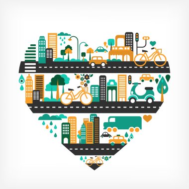 City love - heart shape with many icons clipart