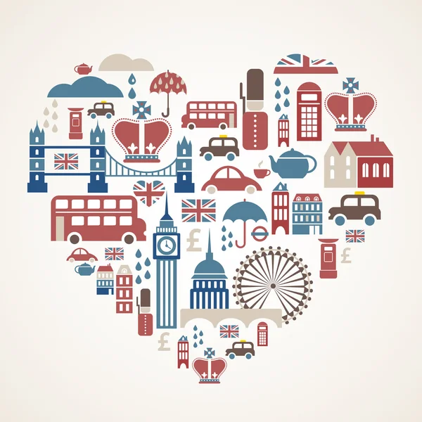 Londyn miłość - serce z wielu ikon wektor — Wektor stockowy