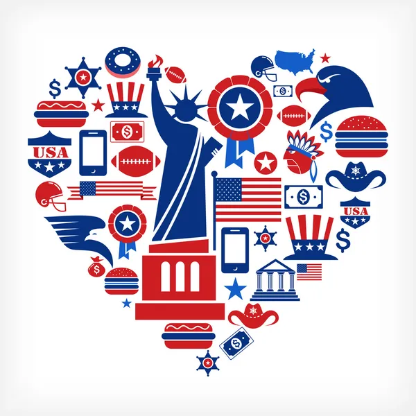 Amérique amour - forme de coeur avec de nombreuses icônes vectorielles — Image vectorielle