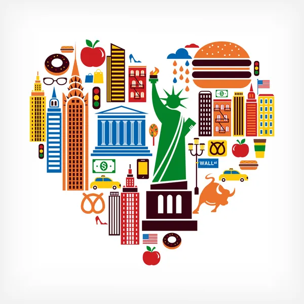 Amor de Nova York - forma de coração com muitos ícones vetoriais — Vetor de Stock