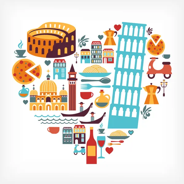 Italy love - heart shape with vector icons — Stock Vector