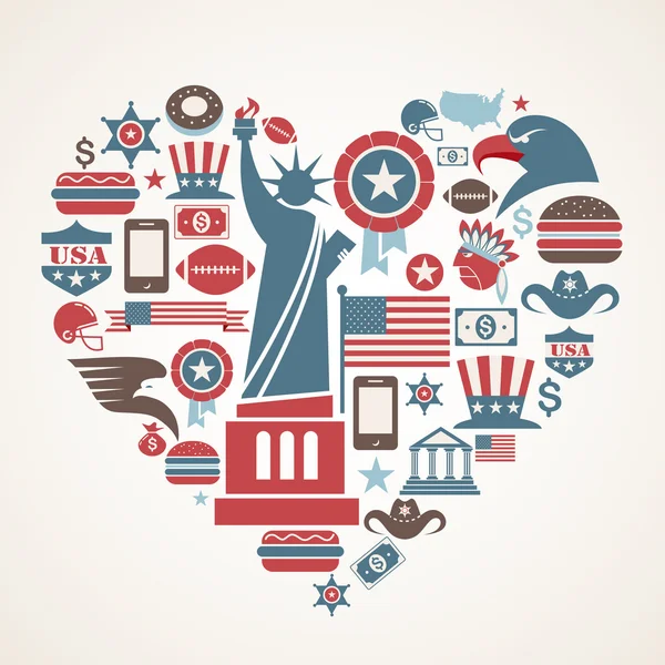 America love - forma de corazón con muchos iconos vectoriales — Vector de stock