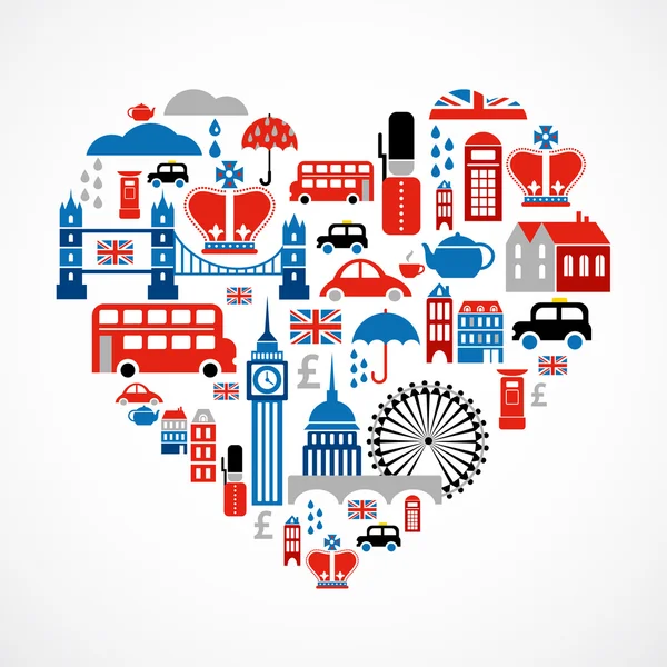 Лондонская любовь - сердце со многими векторными иконами — стоковый вектор