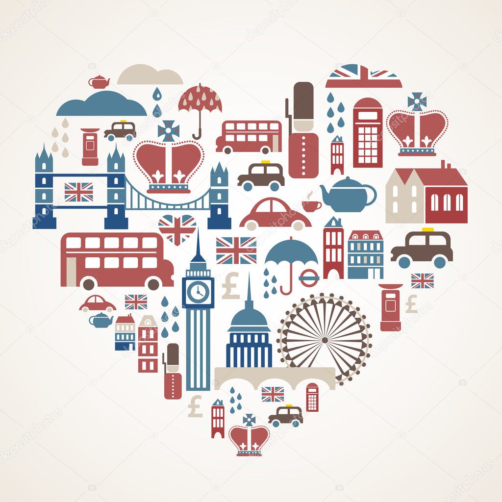London love - heart with many vector icons