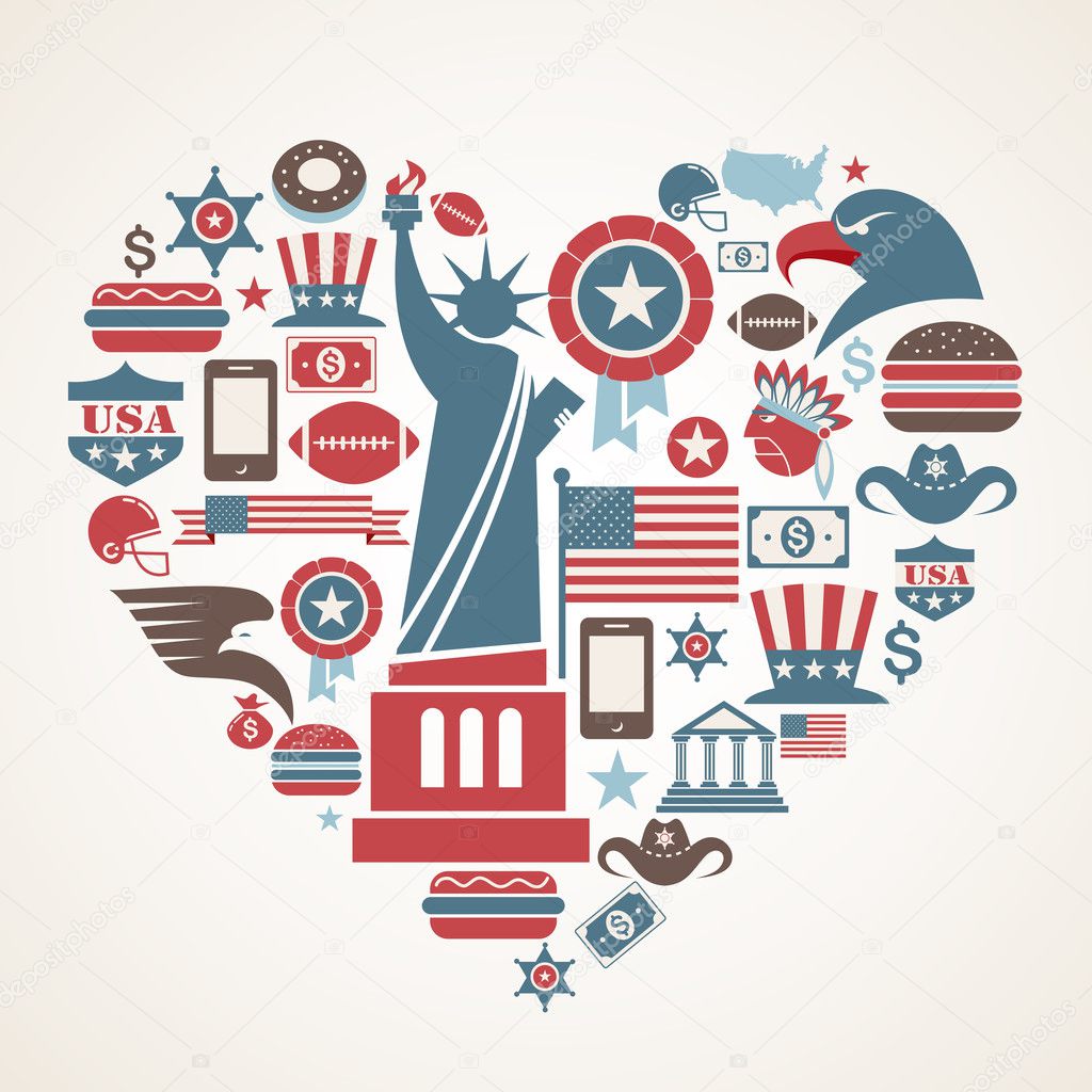 America love - heart shape with many vector icons