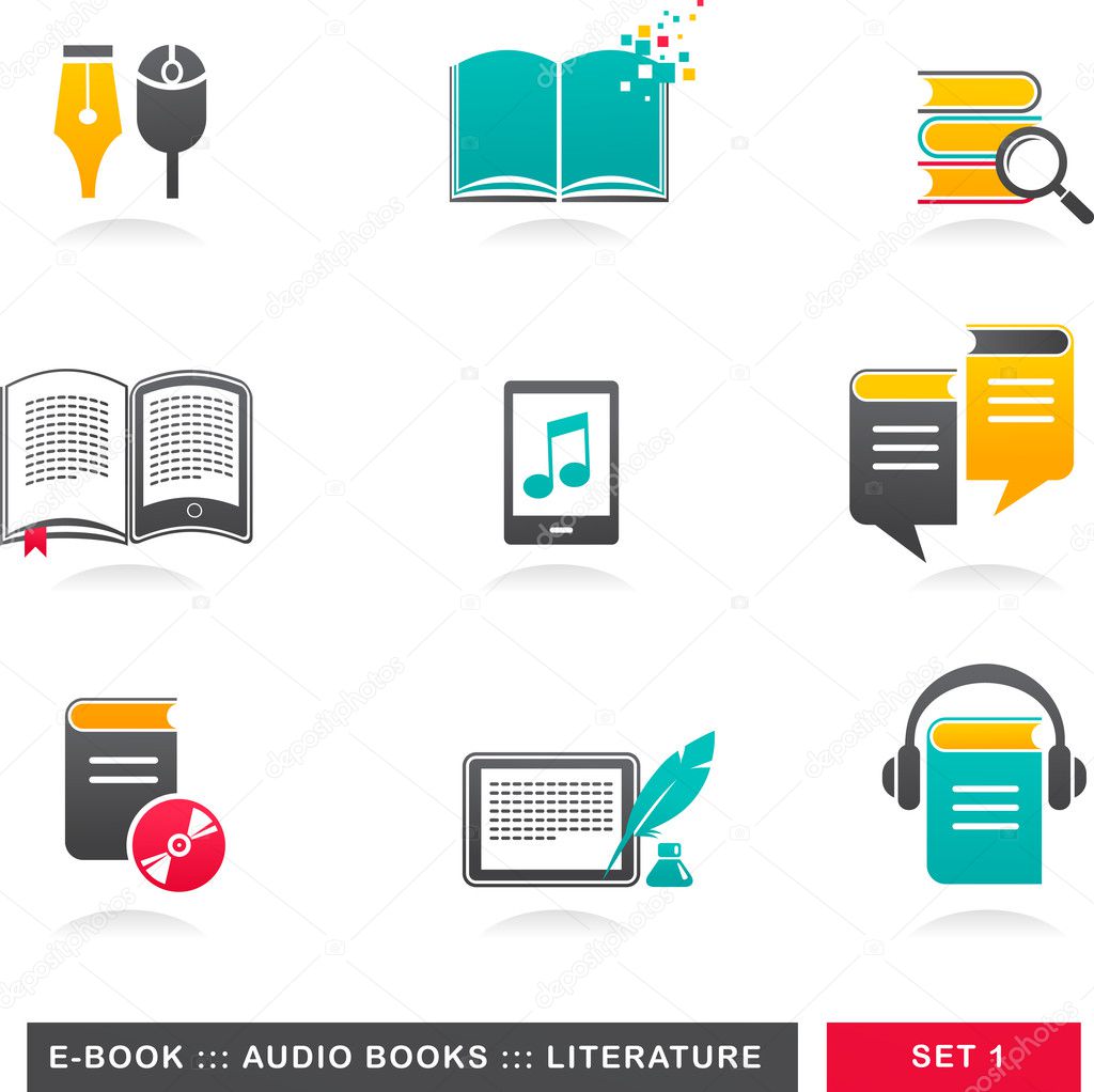 Collection of E-book, audiobook and literature icons - 1