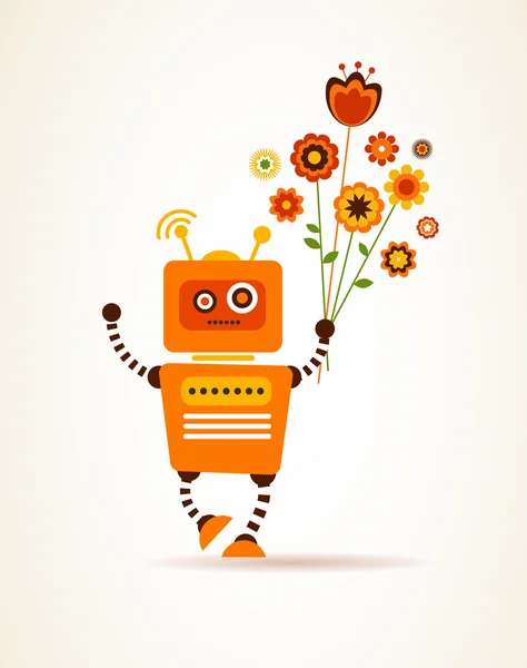 Πορτοκαλί ρομπότ με λουλούδια, για Ευχετήρια κάρτα — Διανυσματικό Αρχείο