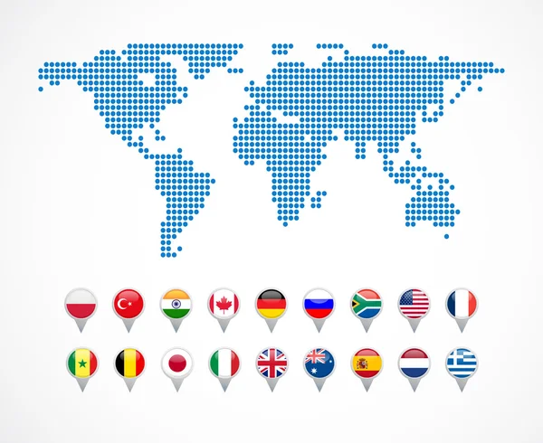 Weltkarte mit einer Reihe von Navigationssymbolen — Stockvektor