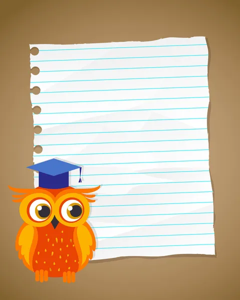Back to school on wrinkled lined paper and owl — Stock Vector