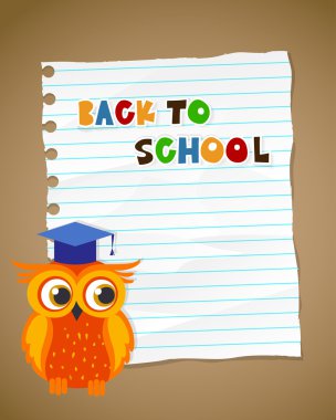 Back to school on wrinkled lined paper and owl. Vector eps 10 clipart