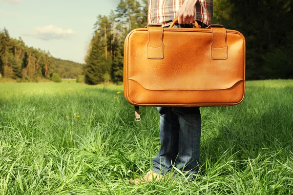 Homme avec sac de voyage debout sur la pelouse verte Image En Vente