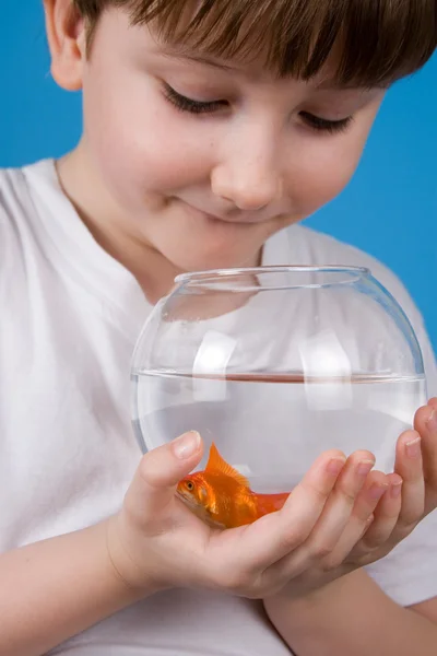 Jongen houdt een fishbowl met een goudvis — Stockfoto