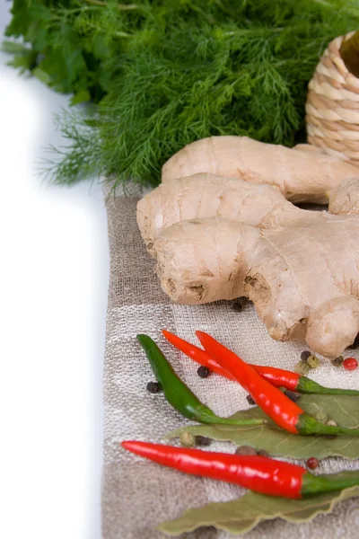 Ginger, pepper, olive oil and herbs — Stock Photo, Image