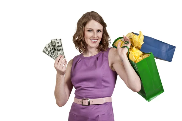 Frau mit 100-Dollar-Scheinen — Stockfoto
