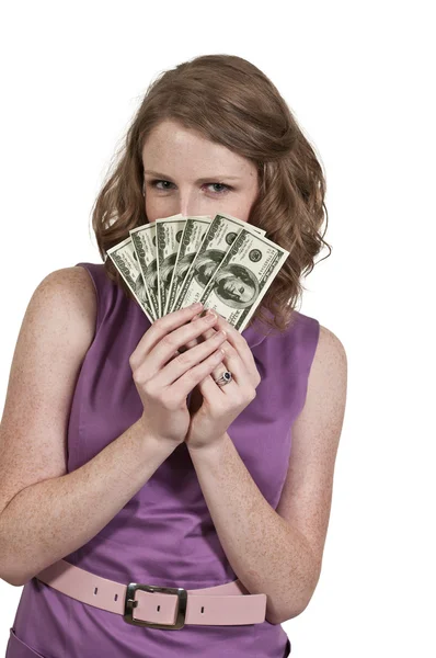 Vrouw met 100 dollarbiljetten — Stockfoto