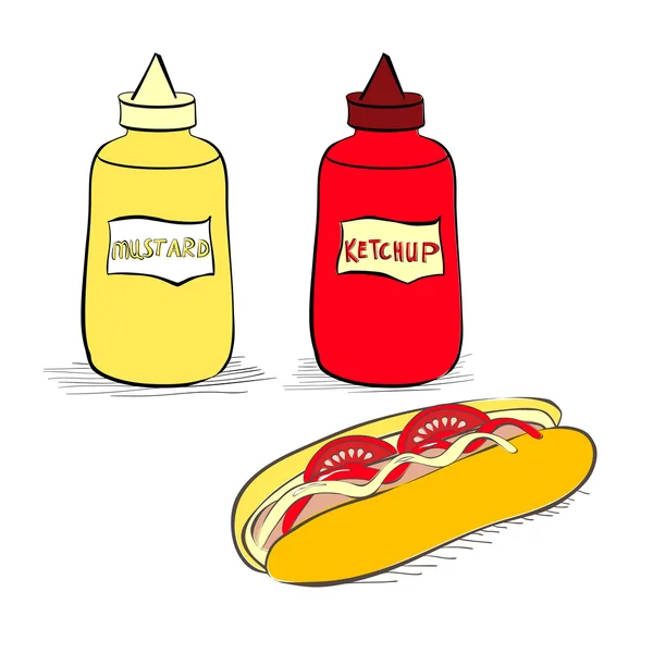 Ketchup en mosterd flessen met hotdog — Stockvector