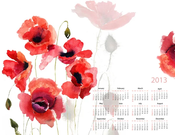 Plantilla para el calendario 2013 con flores de amapola — Foto de Stock