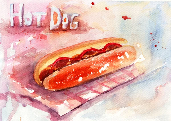 Watercolor illustration of hot dog — Stock Photo, Image