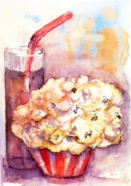 Popcorn med glas soda dricka — Stockfoto