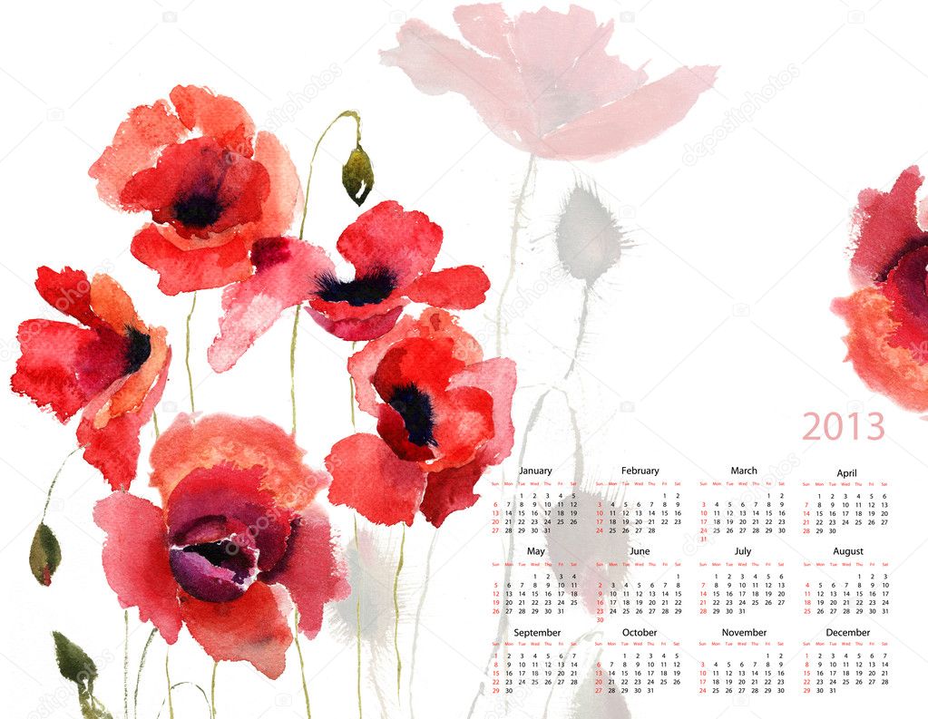 Template for calendar 2013 with poppy flowers