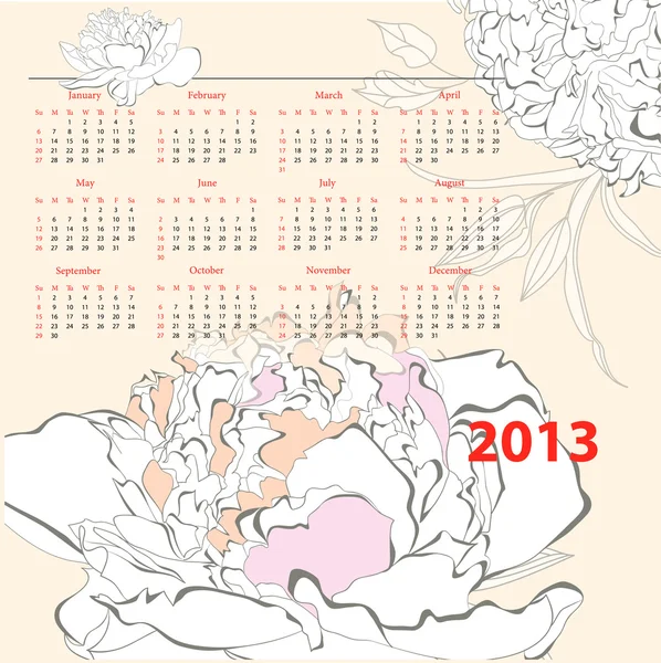 Calendario para 2013 con flores de Peonía — Archivo Imágenes Vectoriales