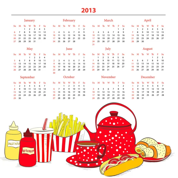 Календар на 2013 рік з великою кількістю їжі — стоковий вектор